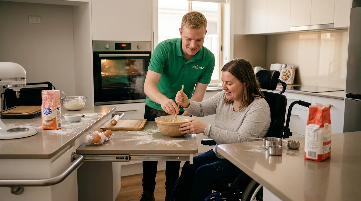 An Asina support worker and participant baking together during a support shift